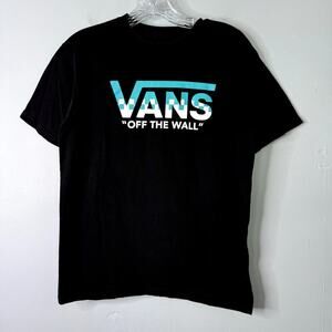 VANS "Off the Wall" Checkered Logo Men's Black Teal Short Sleeve T-Shirt Size S